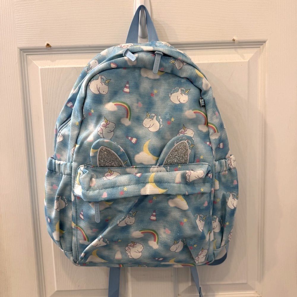 Sun Eight full size light blue unicorn print kids backpack with keychain- NWT